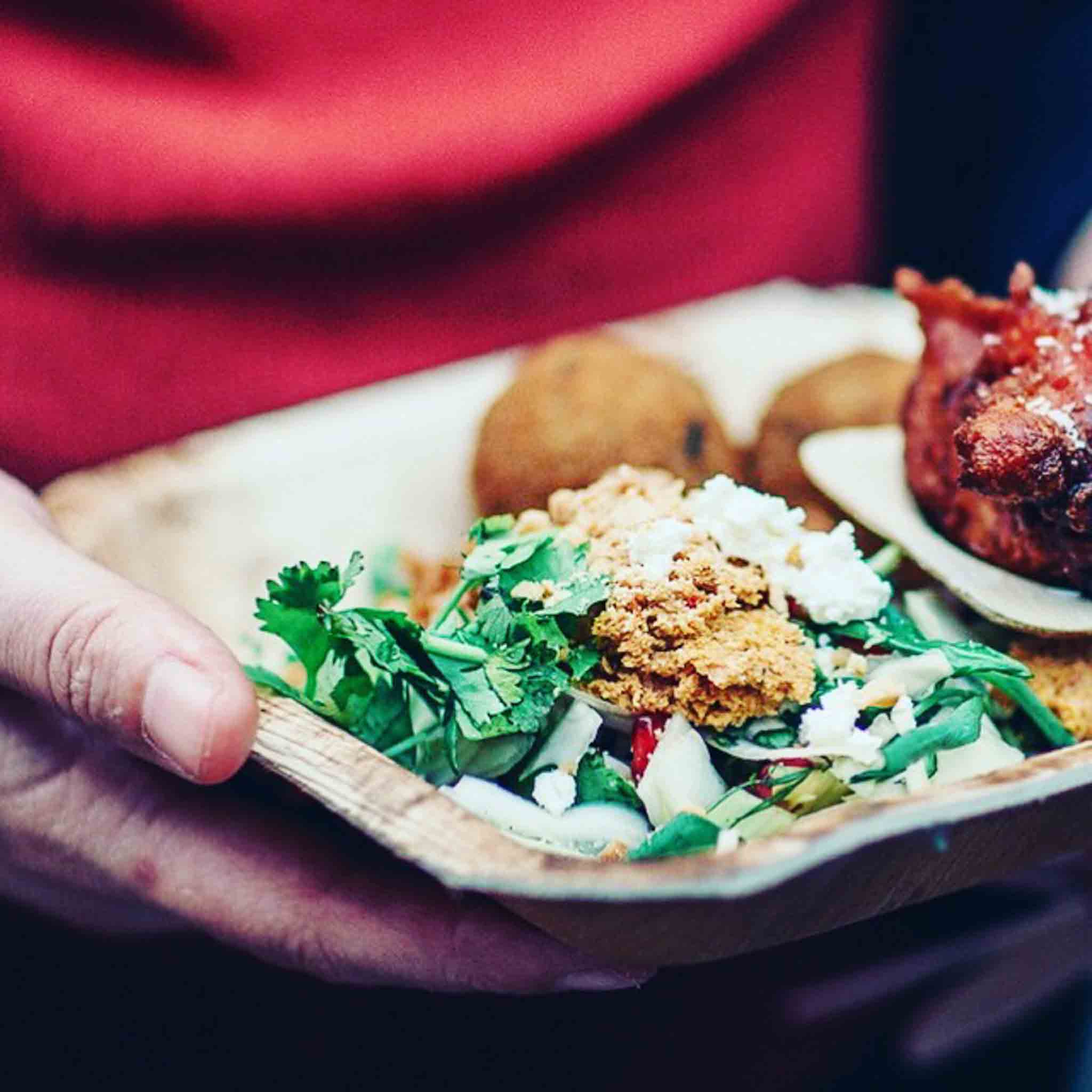 Recycleerbaar bordje met kroketten, vlees en groenten.